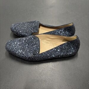 J CREW Blue Sparkle Glittery Slip On Flat Shoes‎ Italy Genuine Leather Womens 8